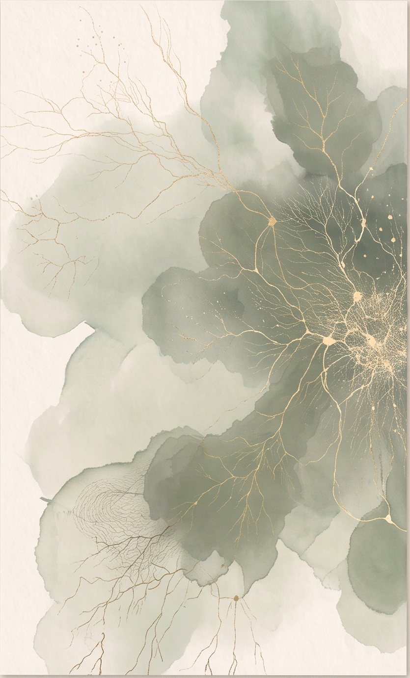 Branching gold lines connecting through muted green watercolor shapes