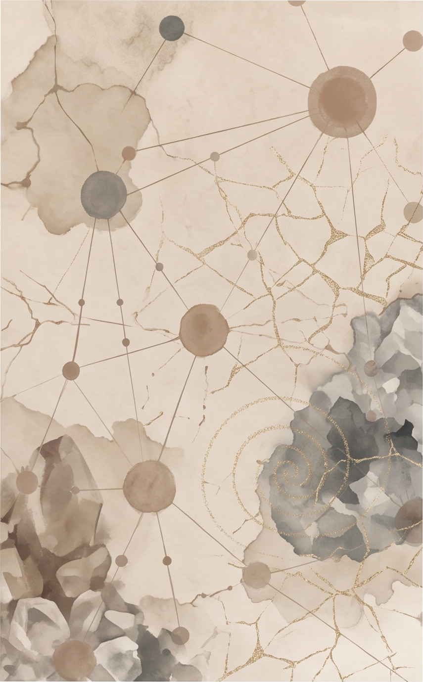 Watercolor network of connected circles and branching gold lines