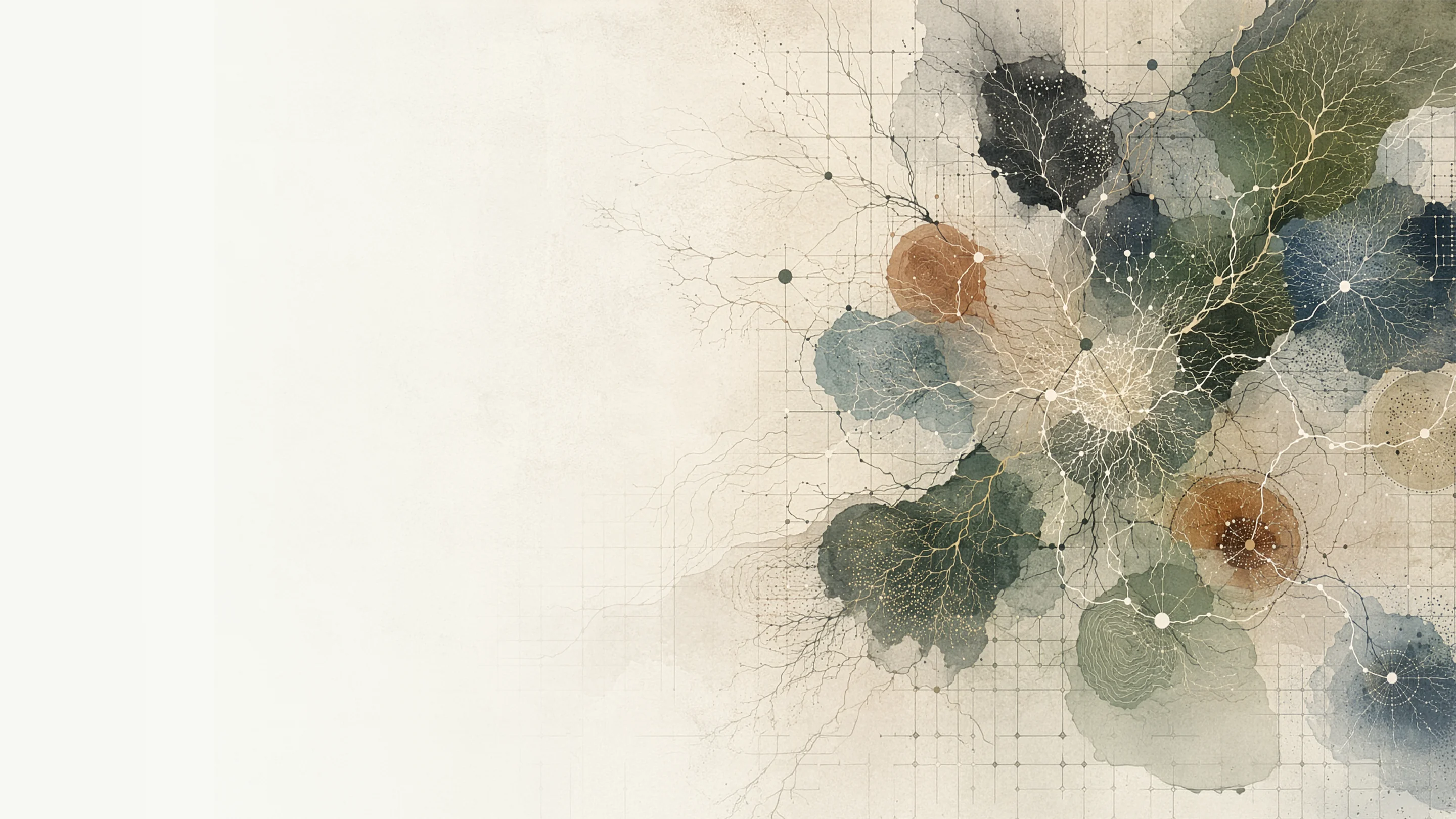 An abstract parchment-toned composition maps branching ecological and social networks across mineral green, slate, and clay forms.