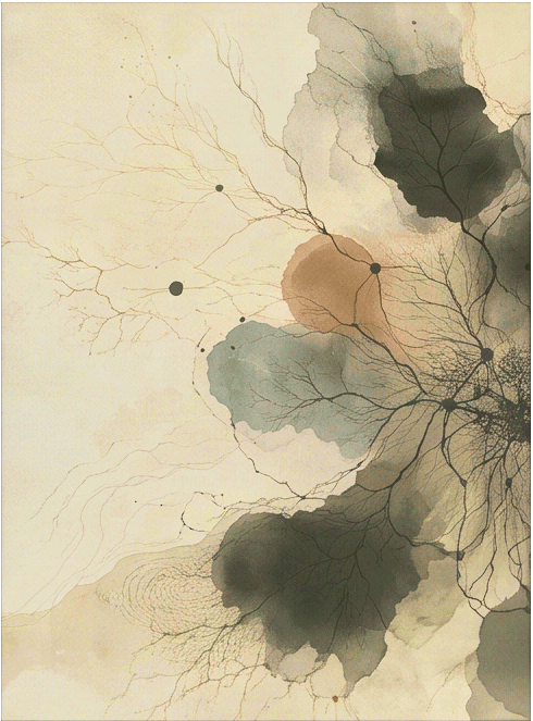 Branching lines and dark nodes connect muted watercolor forms.