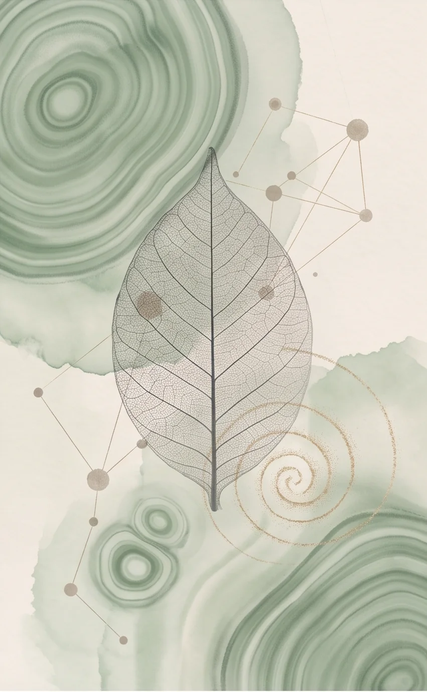 A translucent leaf connects watercolor growth rings and a constellation of fine lines in mineral green and warm clay.